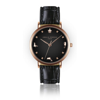 Lederen horloge voor vrouwen Amelia Parker Gold Charm Black